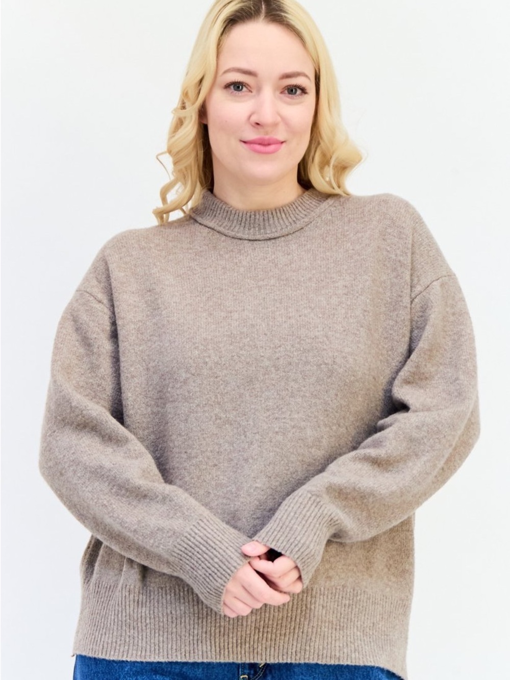 Pull & Bear Taupe Textured Crew Neck Sweater S